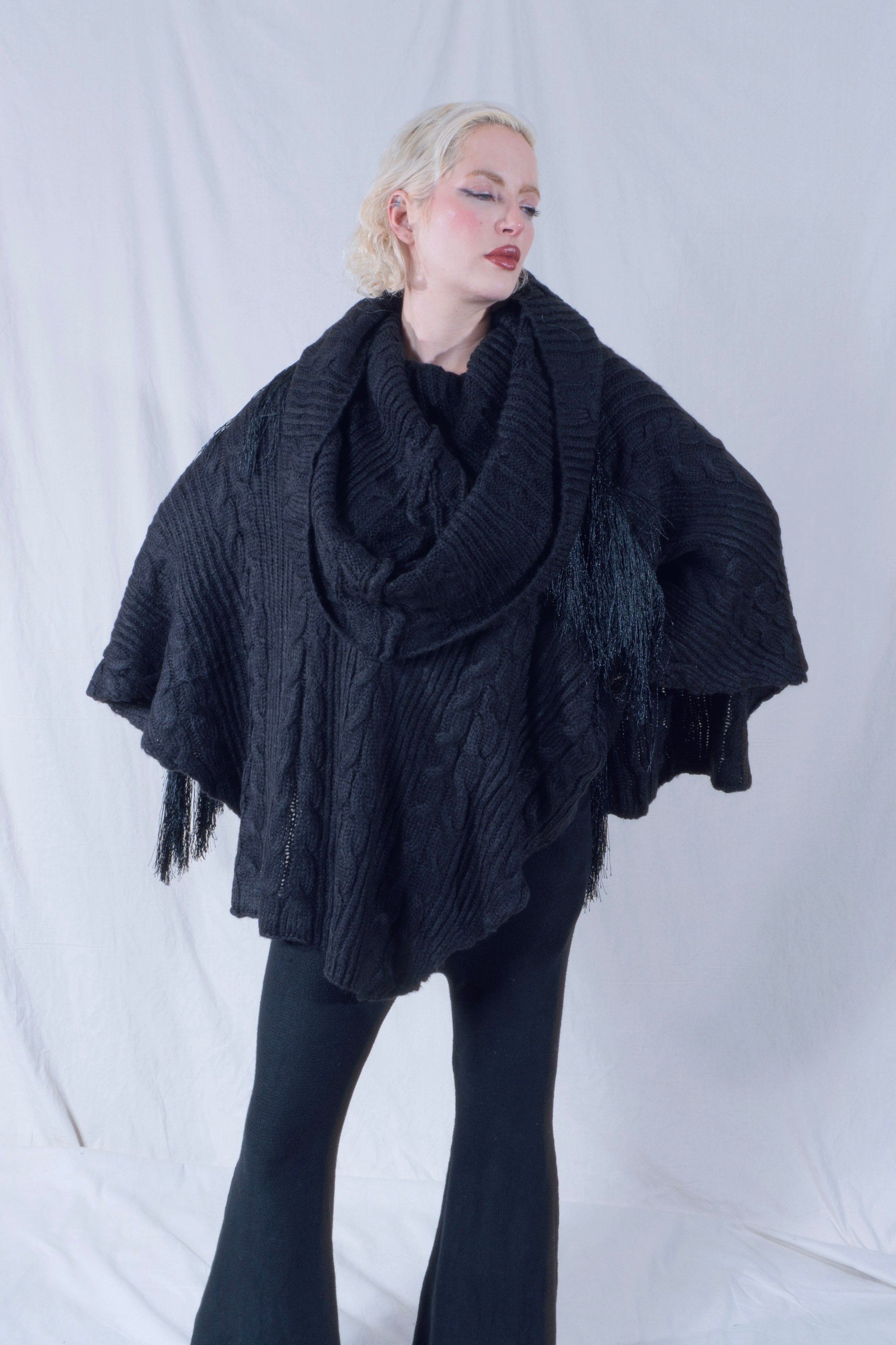 Raya Cowl Neck Poncho in Black