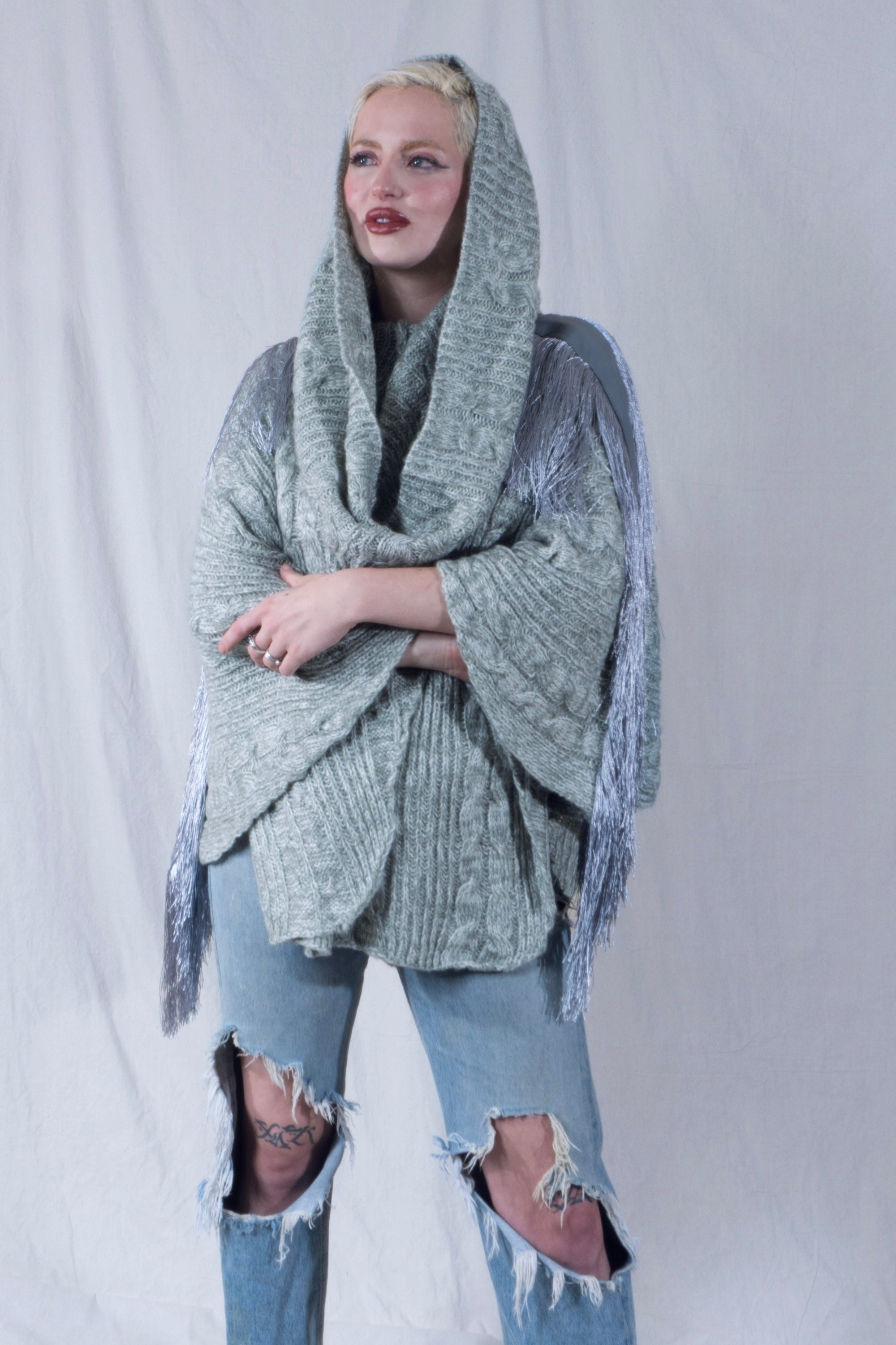 Raya Cowl Neck Poncho in Mint and Cream