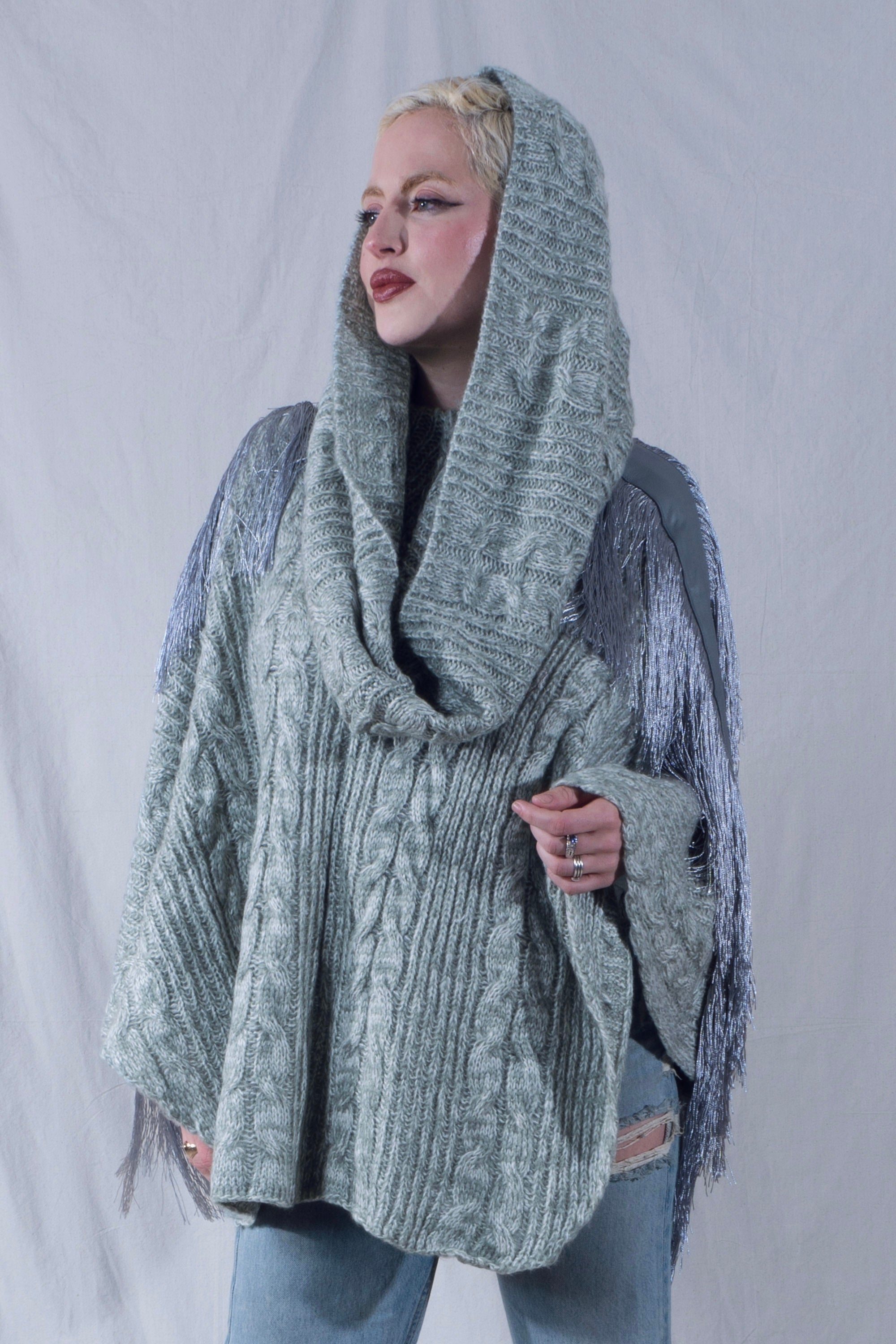 Raya Cowl Neck Poncho in Mint and Cream