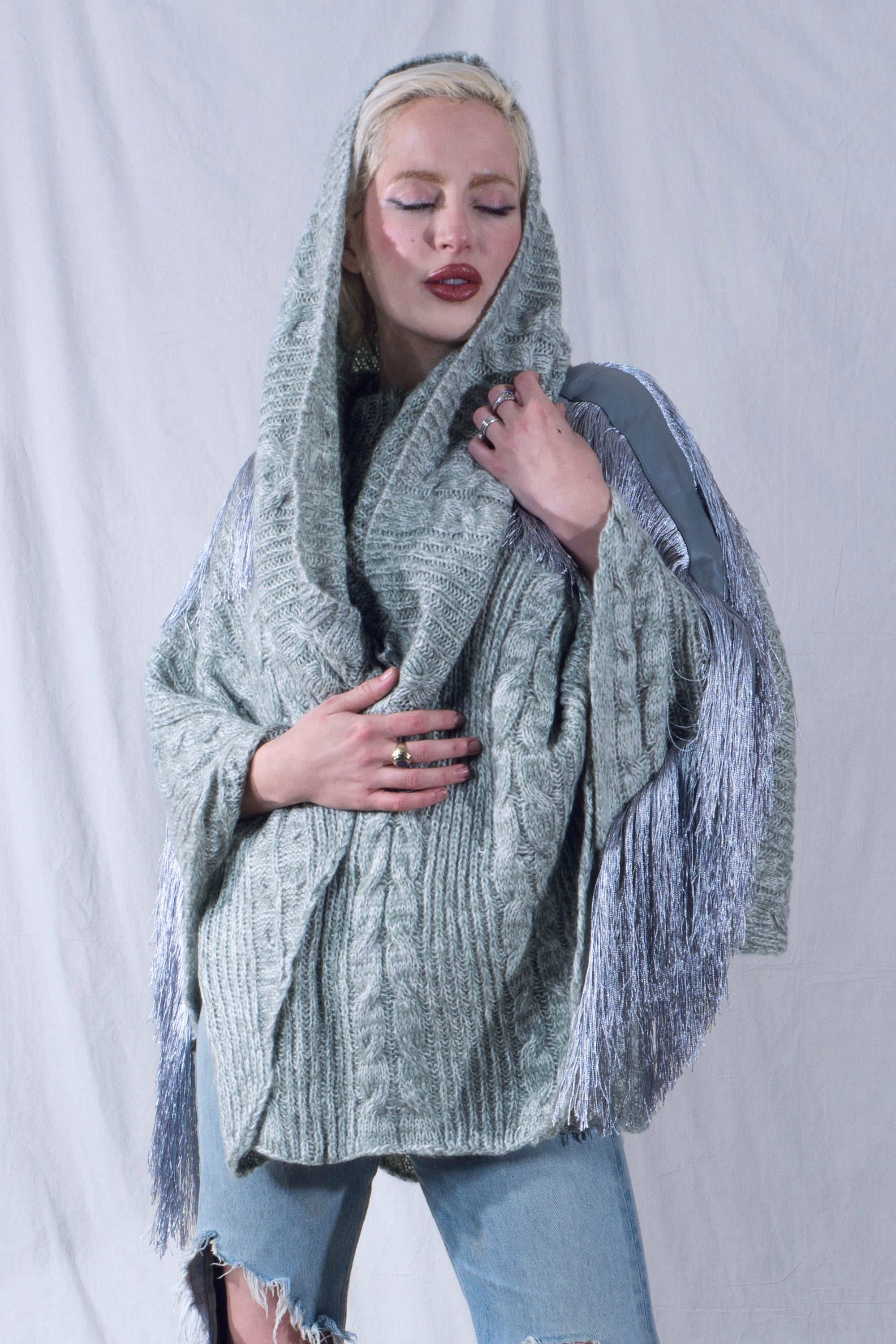 Raya Cowl Neck Poncho in Mint and Cream