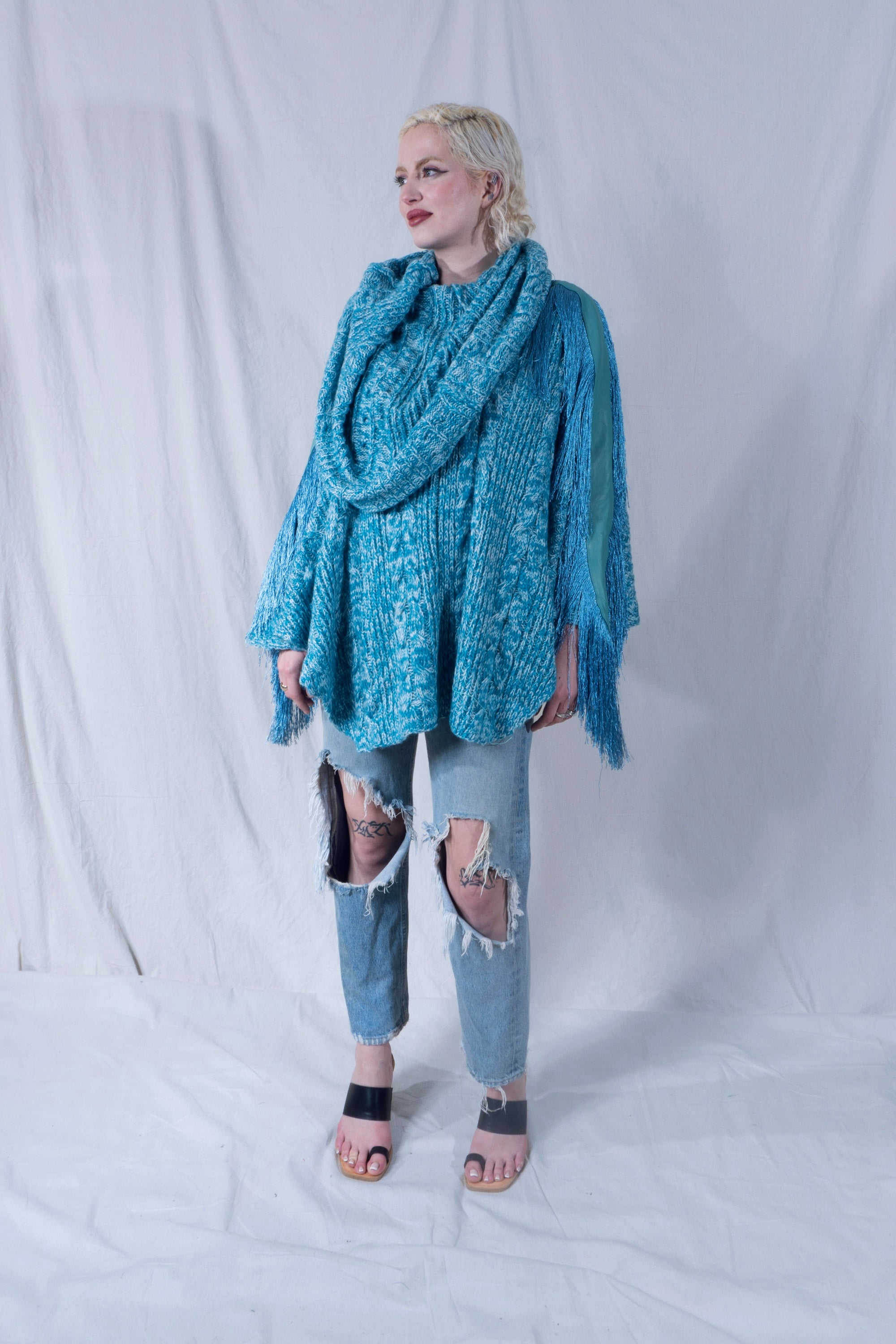 Raya Cowl Neck Poncho in Turquoise and White