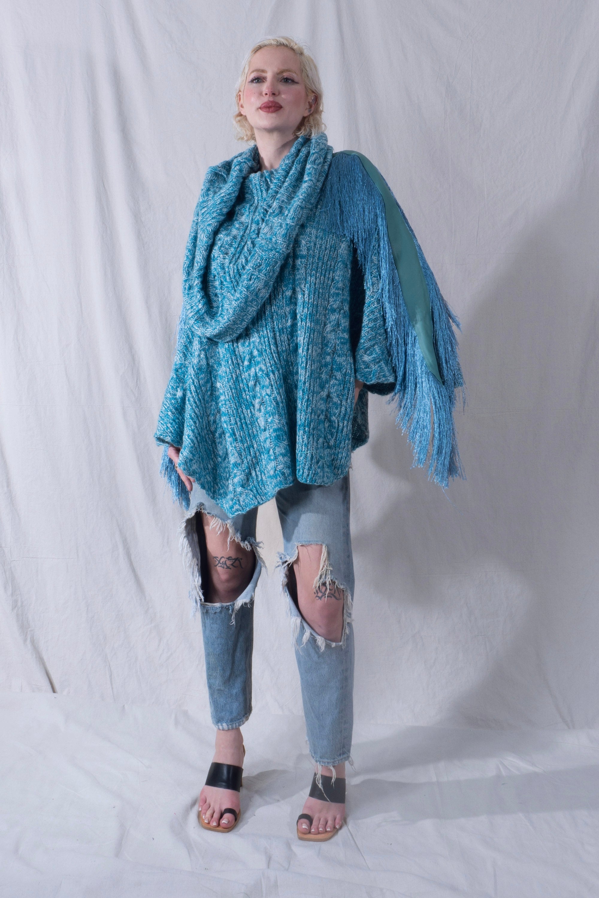Raya Cowl Neck Poncho in Turquoise and White