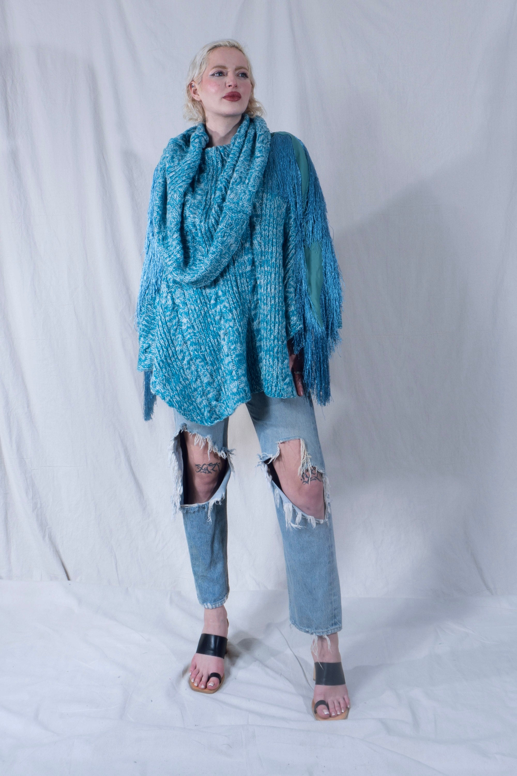 Raya Cowl Neck Poncho in Turquoise and White