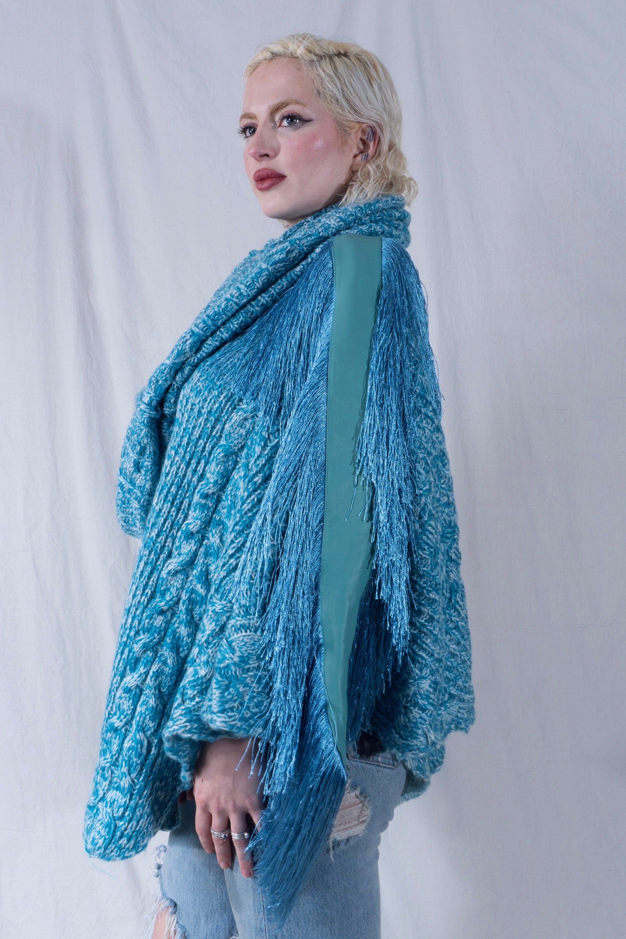 Raya Cowl Neck Poncho in Turquoise and White