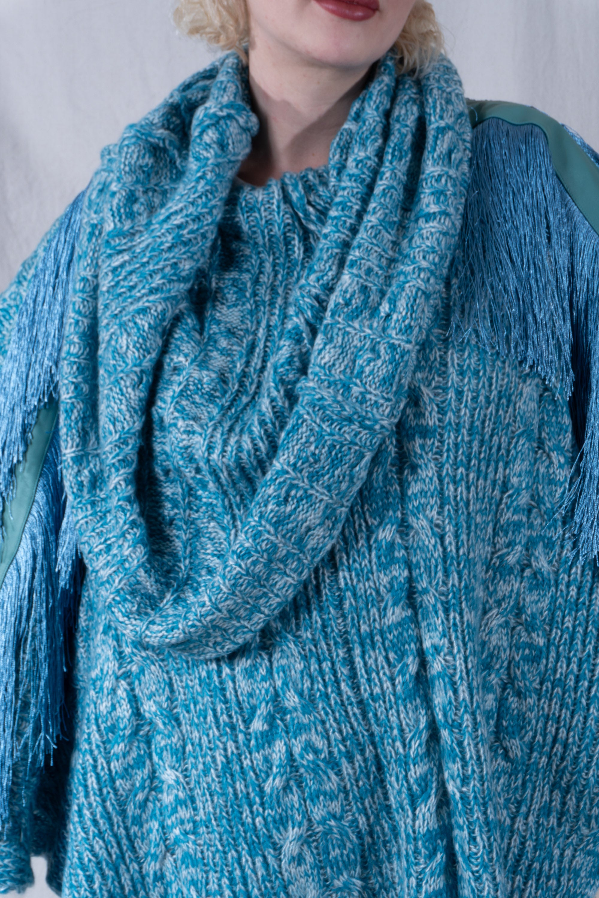 Raya Cowl Neck Poncho in Turquoise and White
