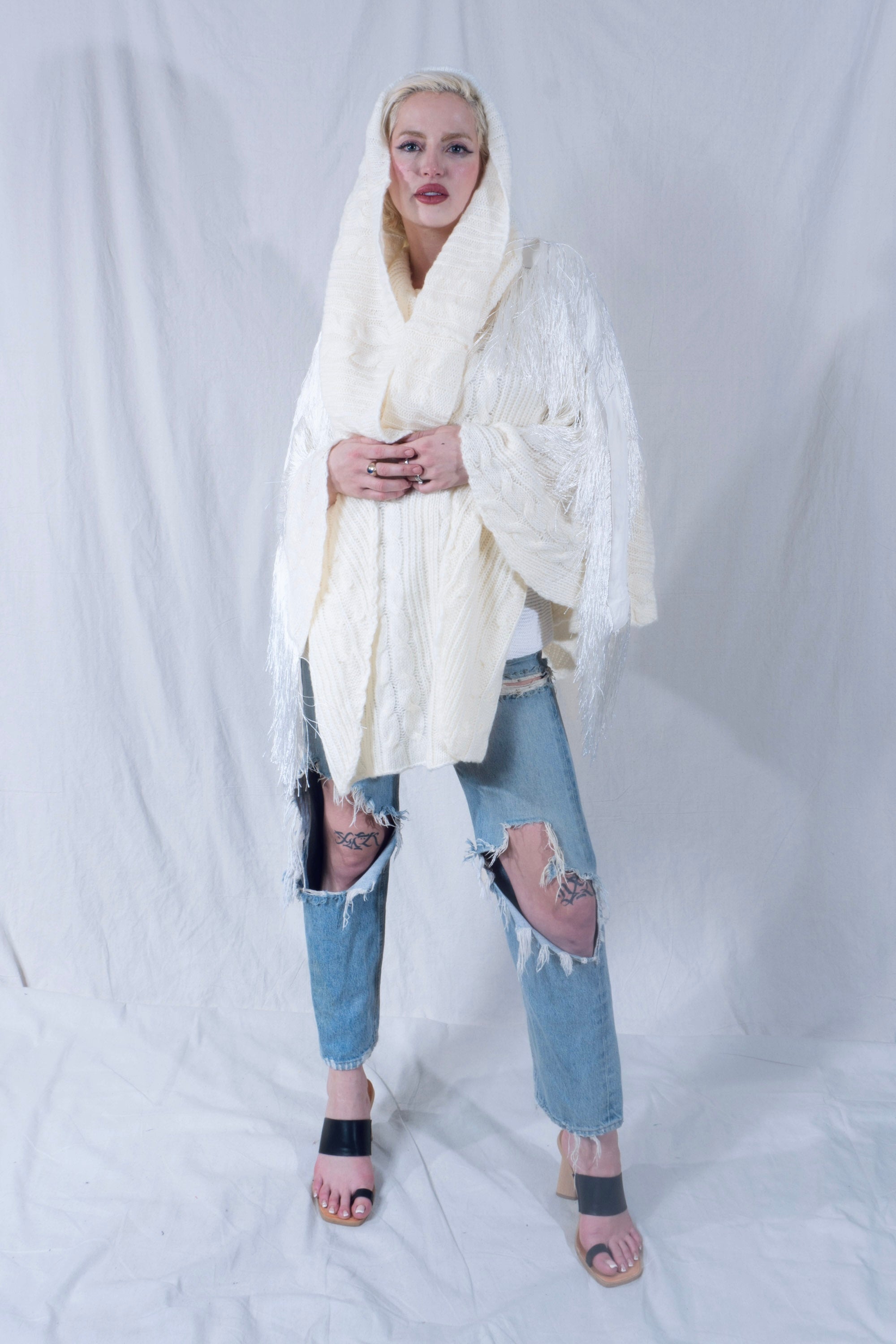 Raya Cowl Neck Poncho in White