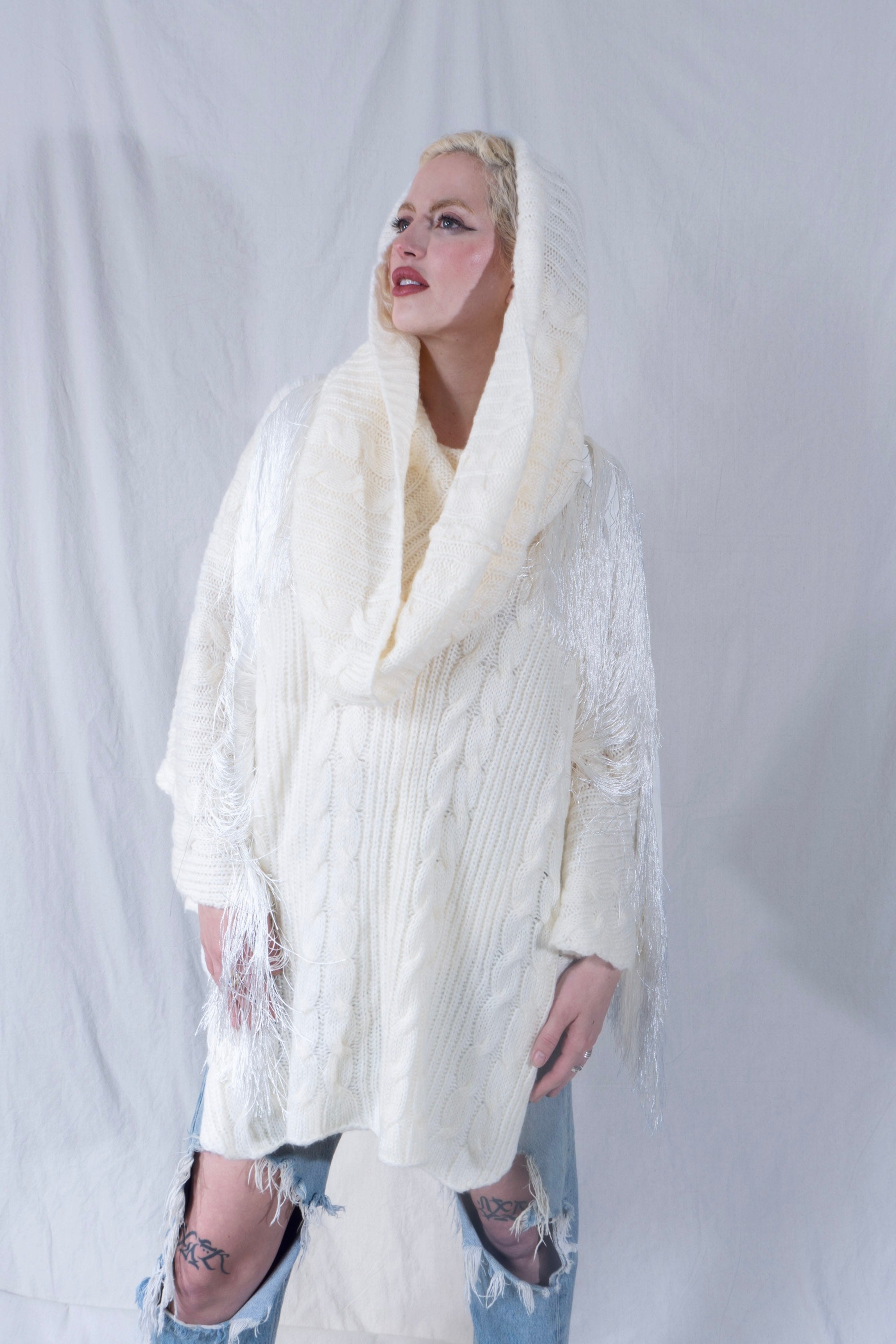 Raya Cowl Neck Poncho in White