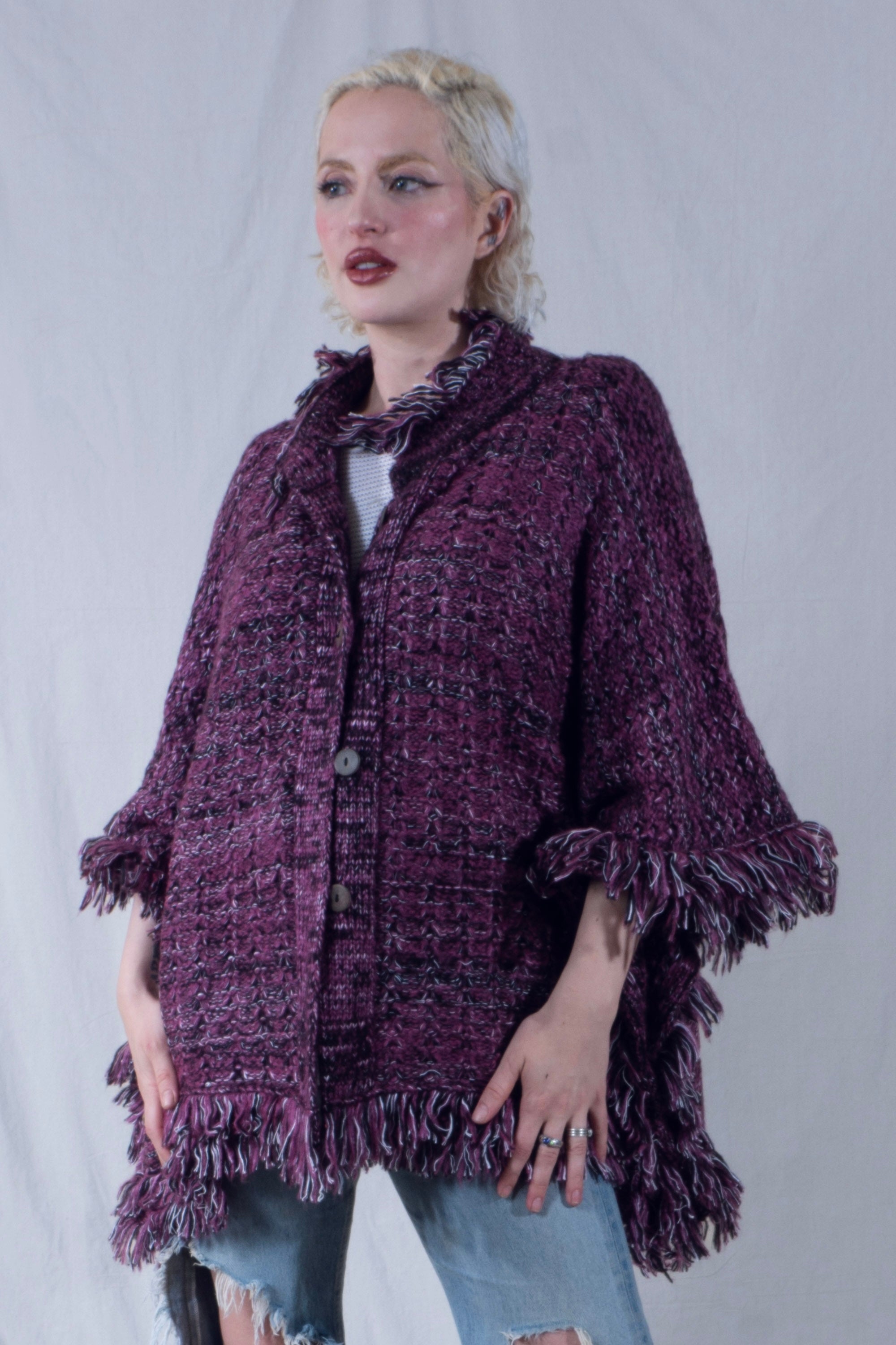 Ferne Poncho with Fringe in Purple Mix