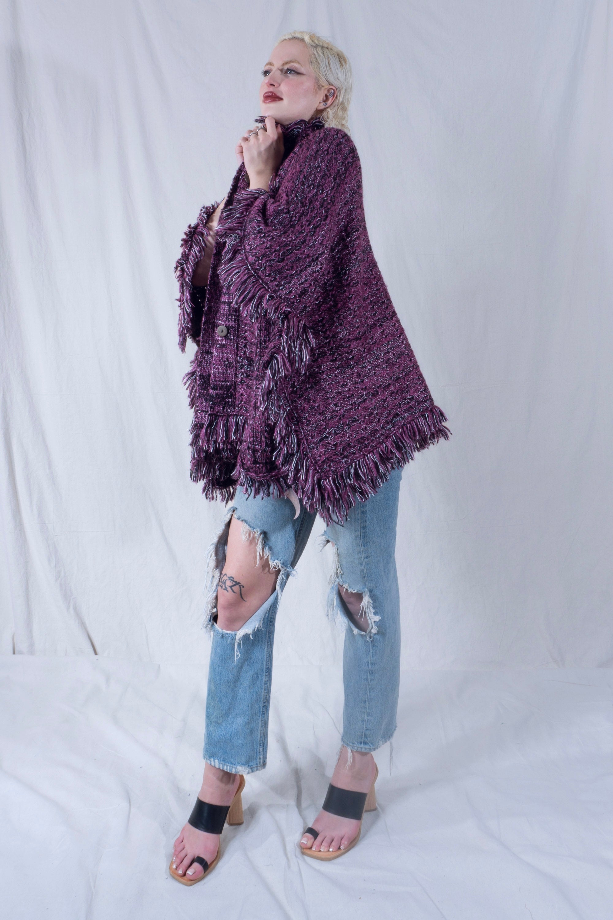 Ferne Poncho with Fringe in Purple Mix