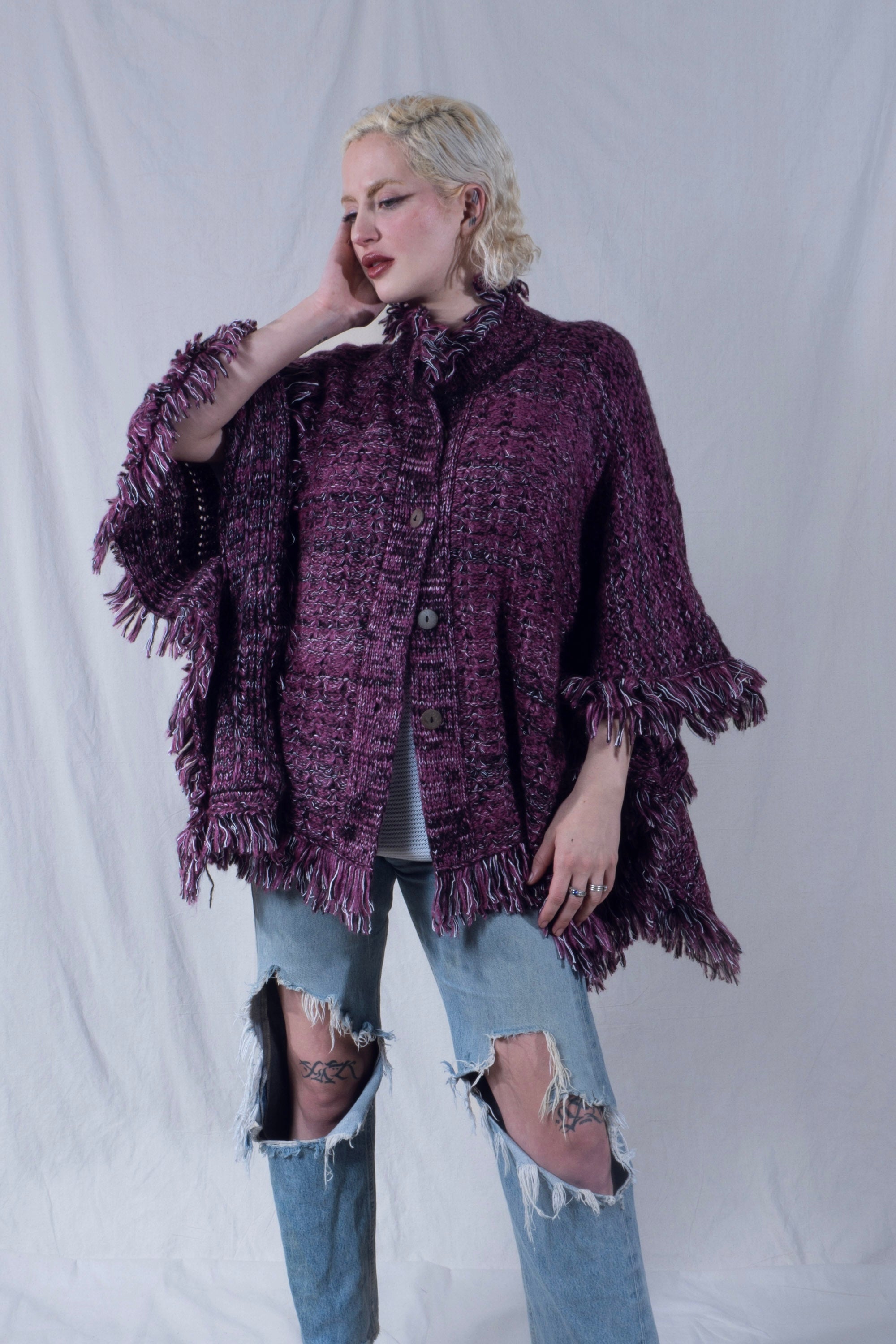 Ferne Poncho with Fringe in Purple Mix