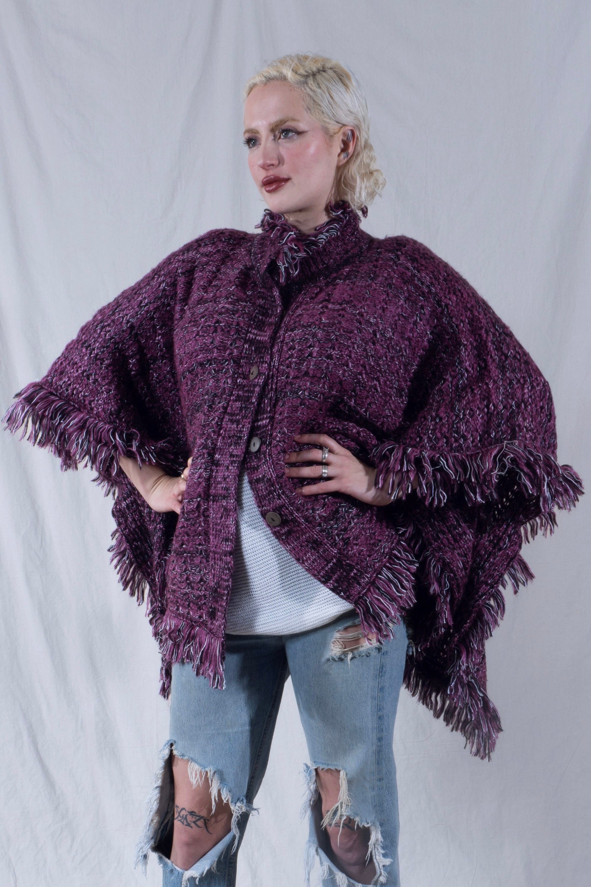 Ferne Poncho with Fringe in Purple Mix
