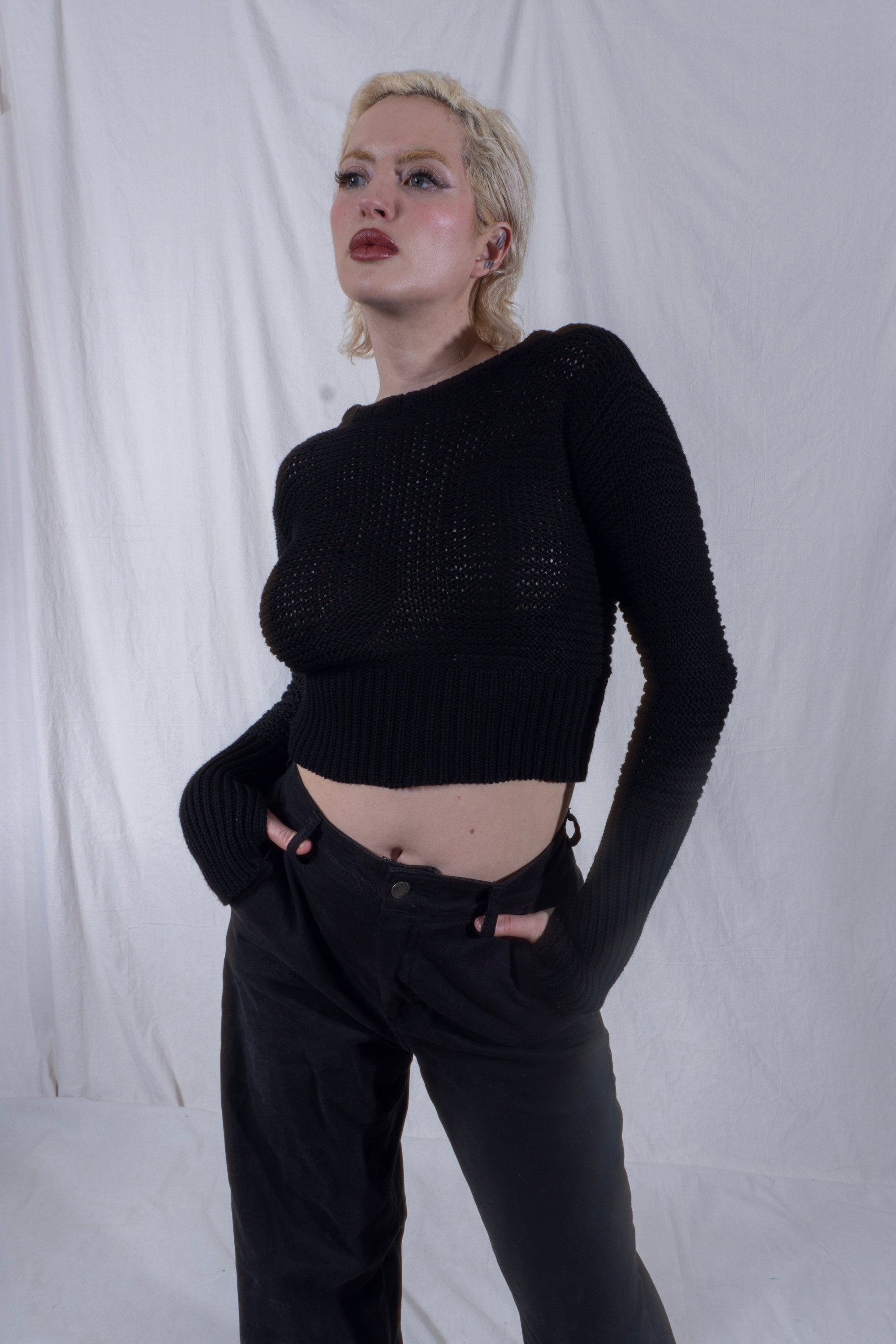 Malika Crew Neck Chain Mail Sweater in Black