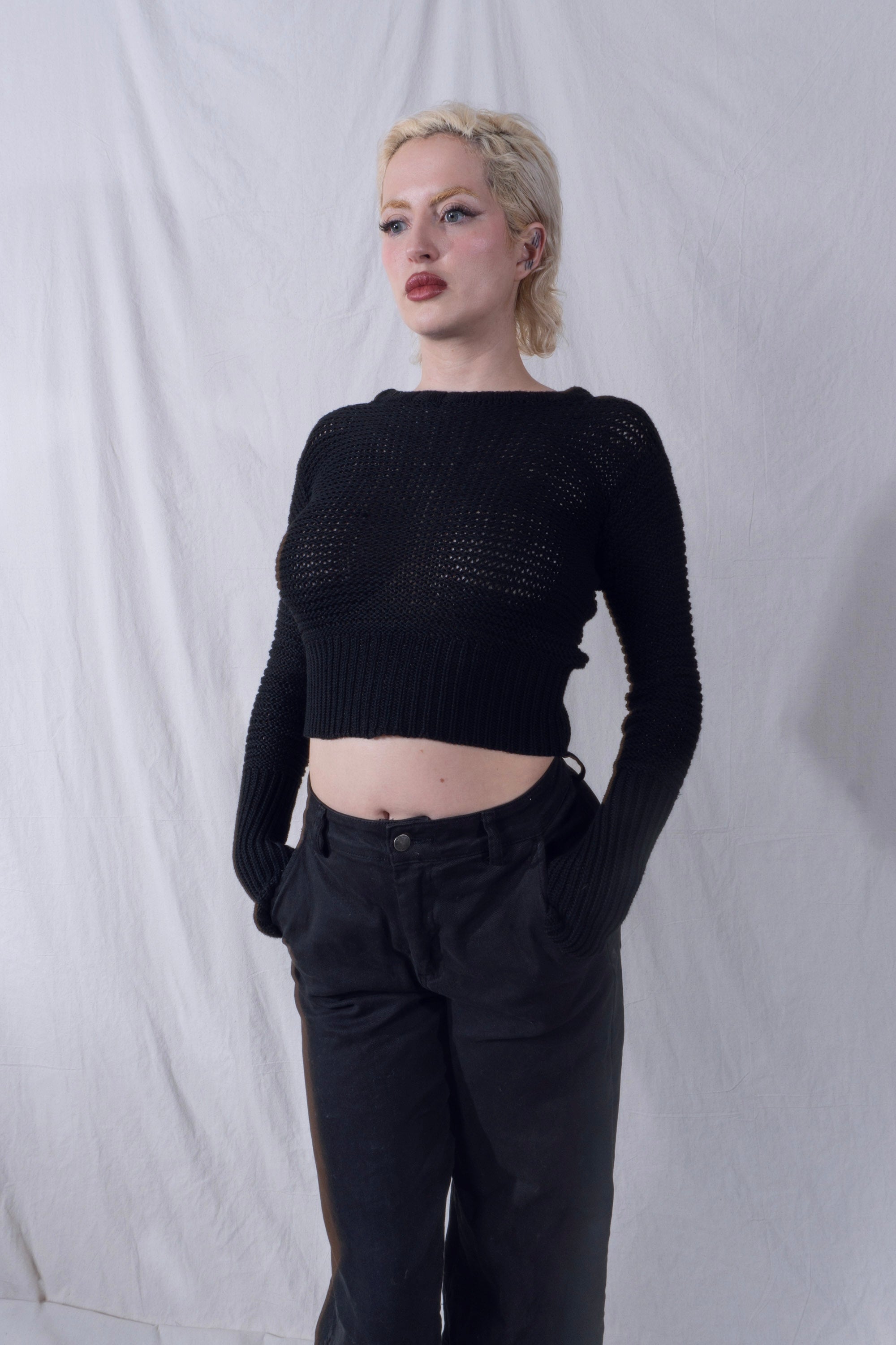Malika Crew Neck Chain Mail Sweater in Black