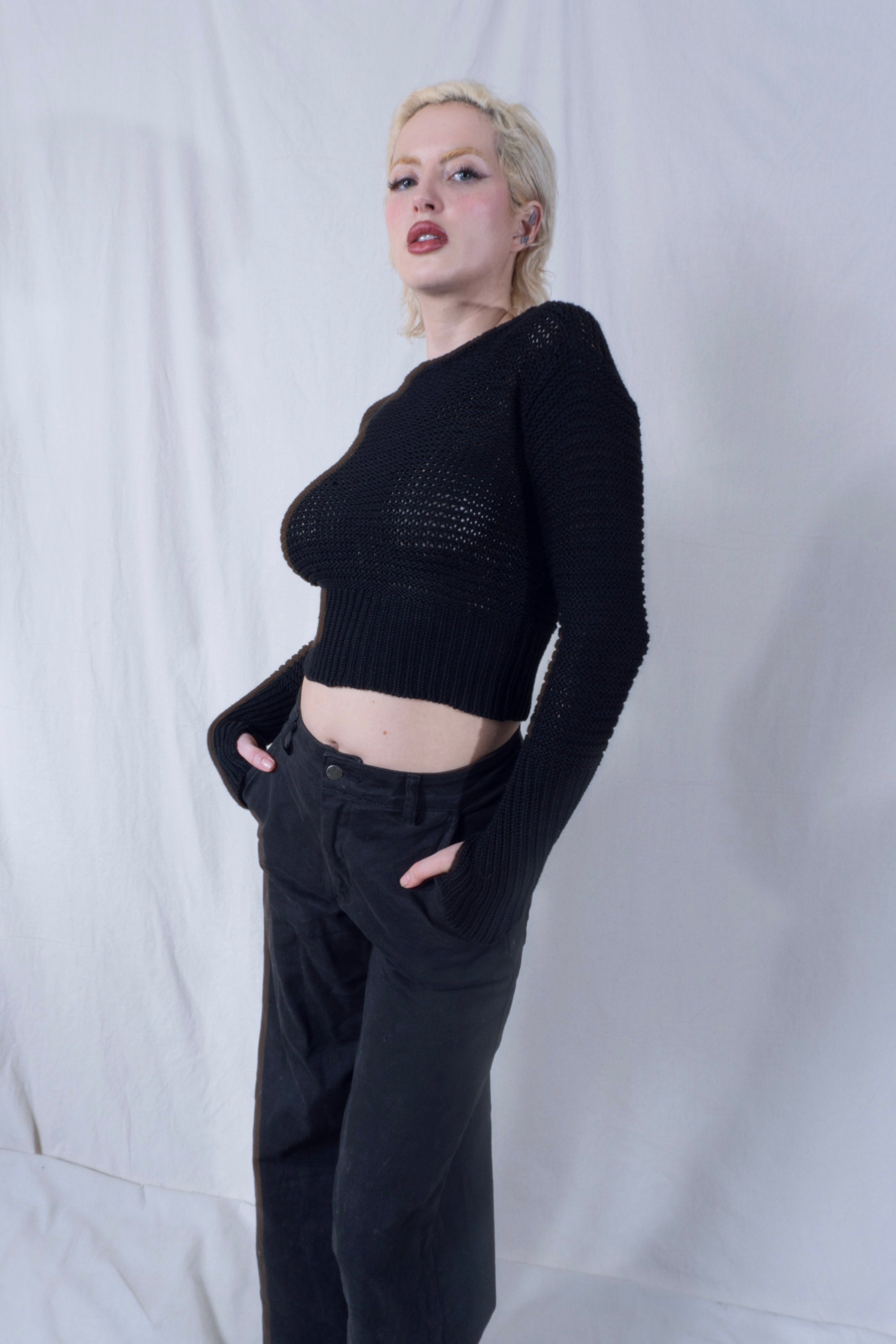 Malika Crew Neck Chain Mail Sweater in Black