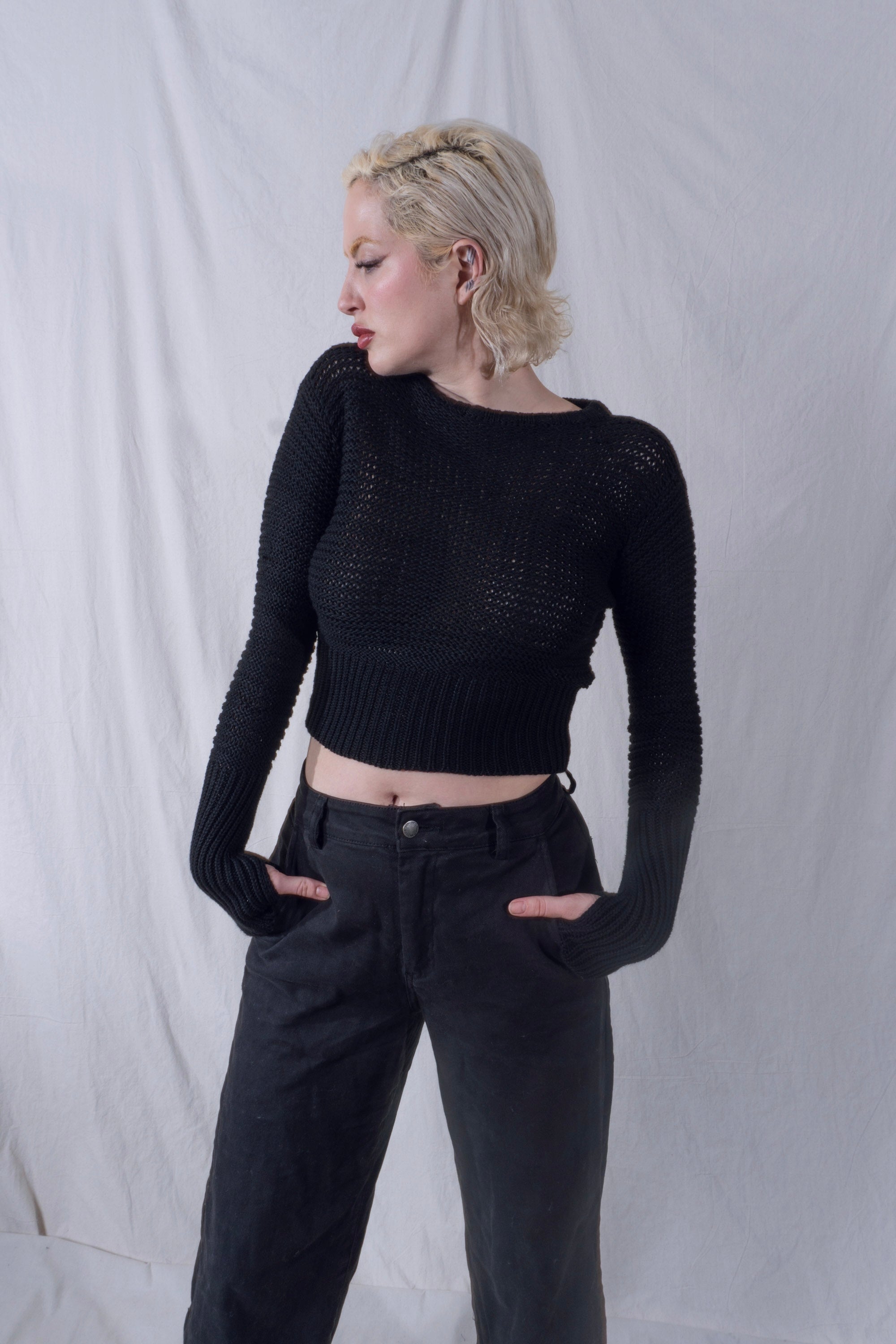 Malika Crew Neck Chain Mail Sweater in Black
