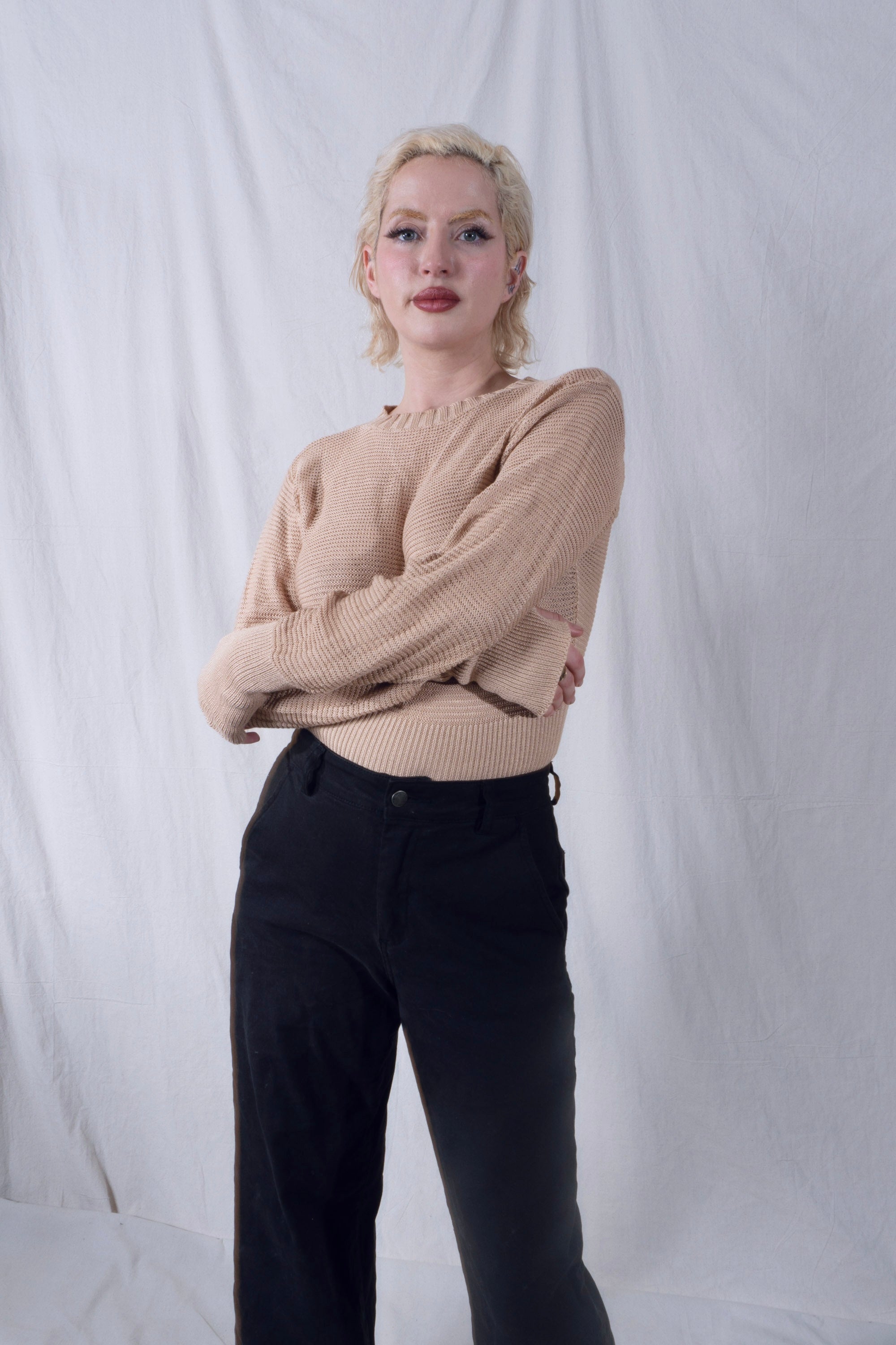 Malika Crew Neck Chain Mail Sweater in Sand