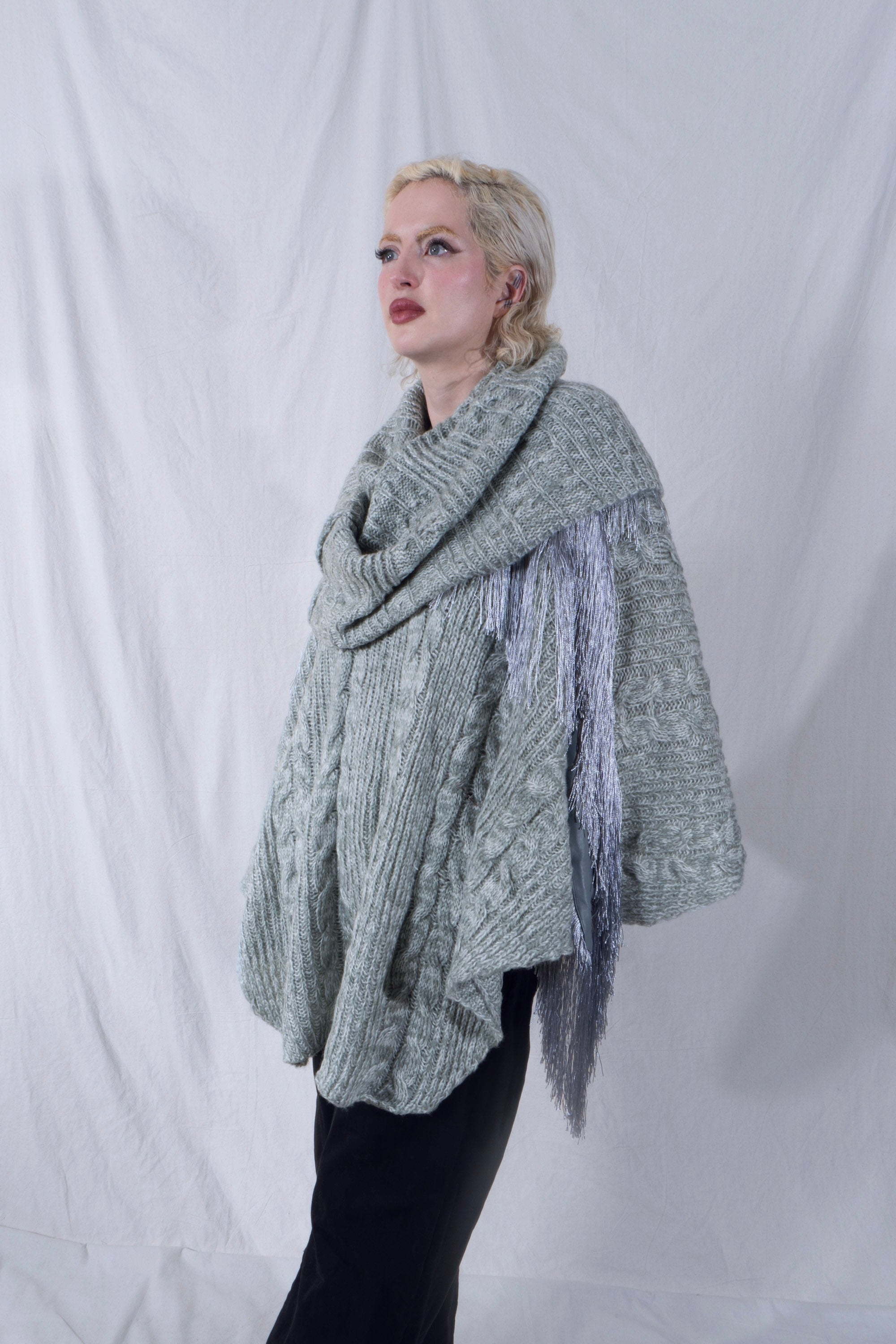 Raya Cowl Neck Poncho in Mint and Cream