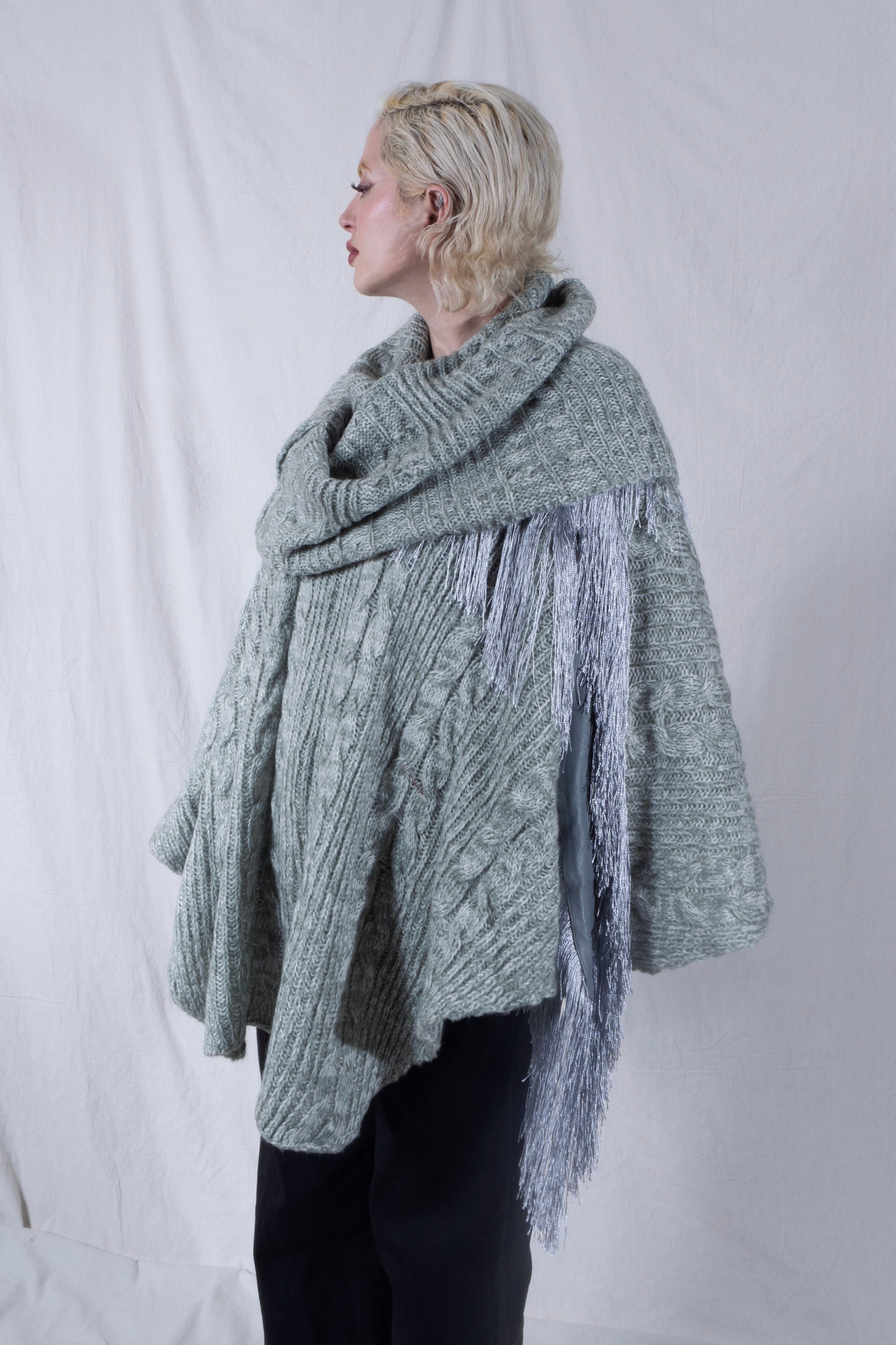 Raya Cowl Neck Poncho in Mint and Cream