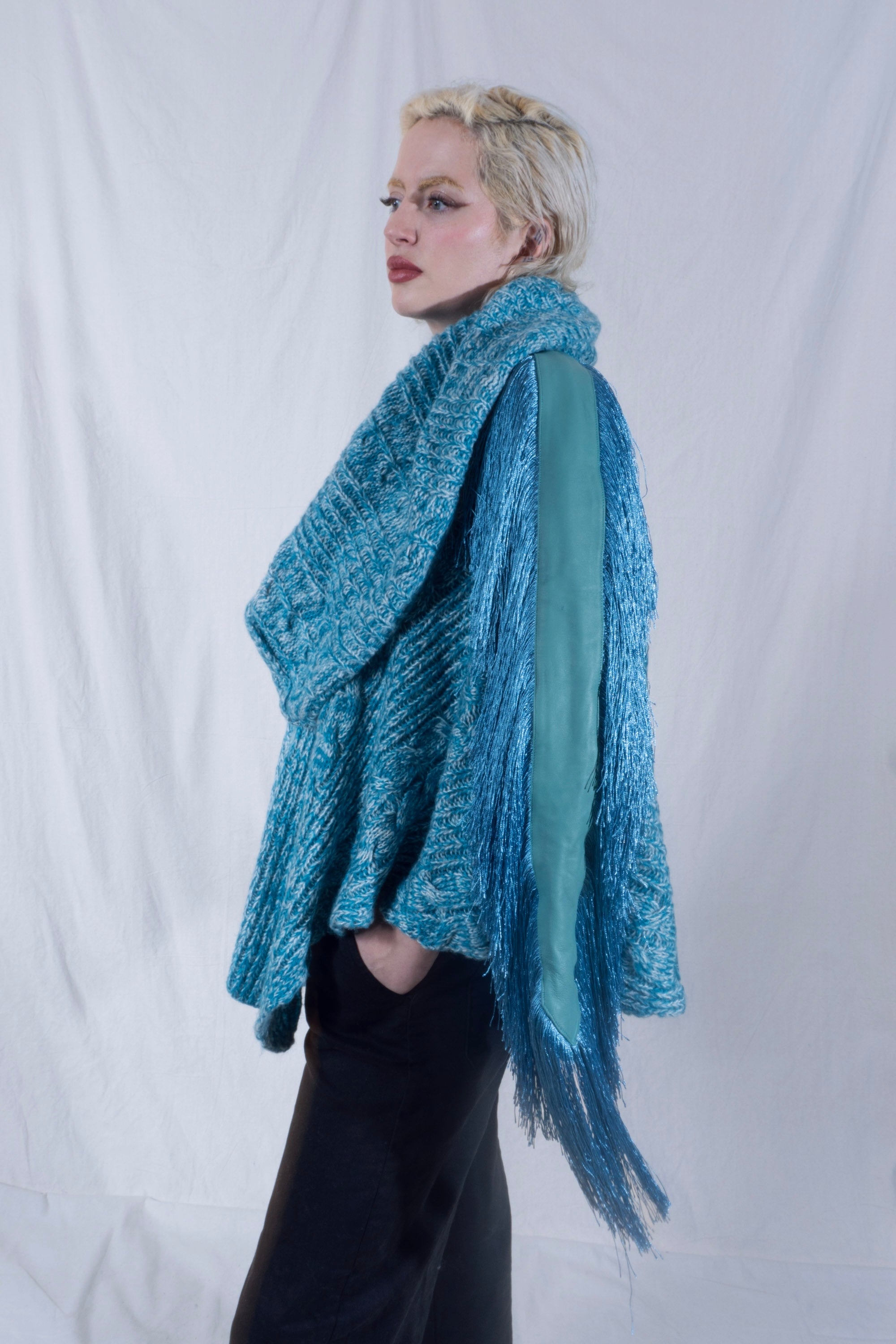 Raya Cowl Neck Poncho in Turquoise and White