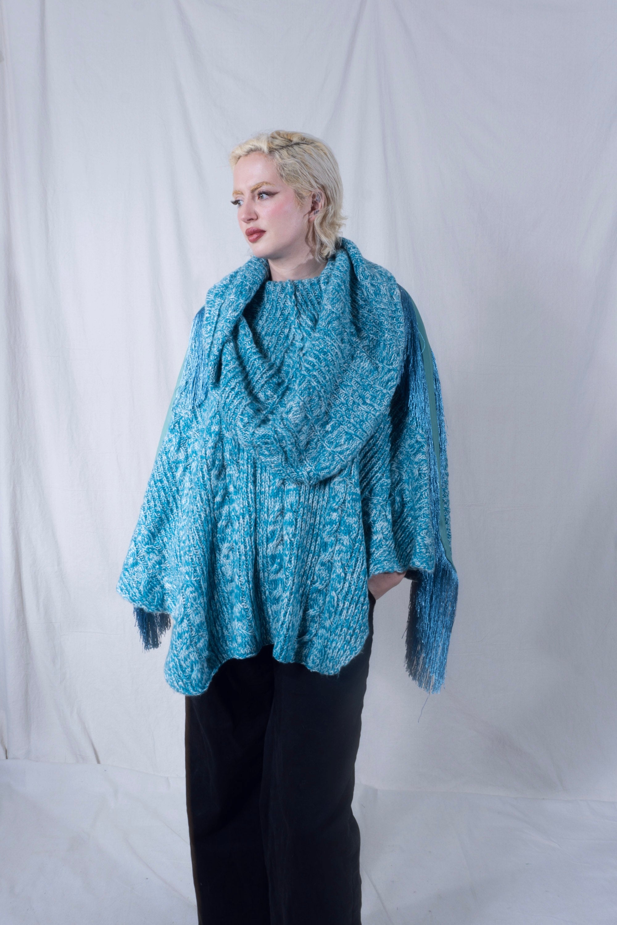 Raya Cowl Neck Poncho in Turquoise and White