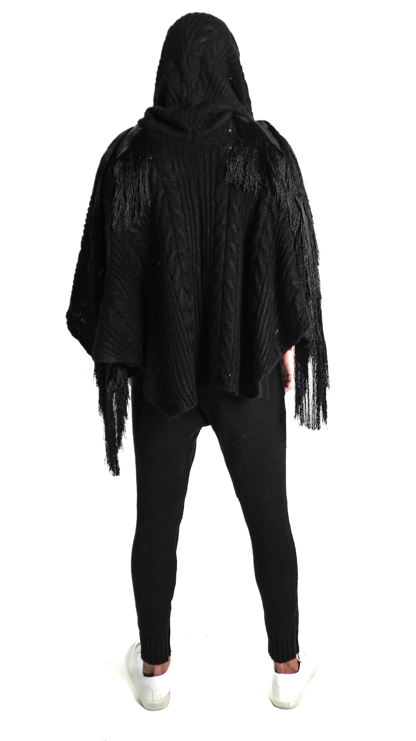 Cowl Neck Fringe Poncho with Leather Detail