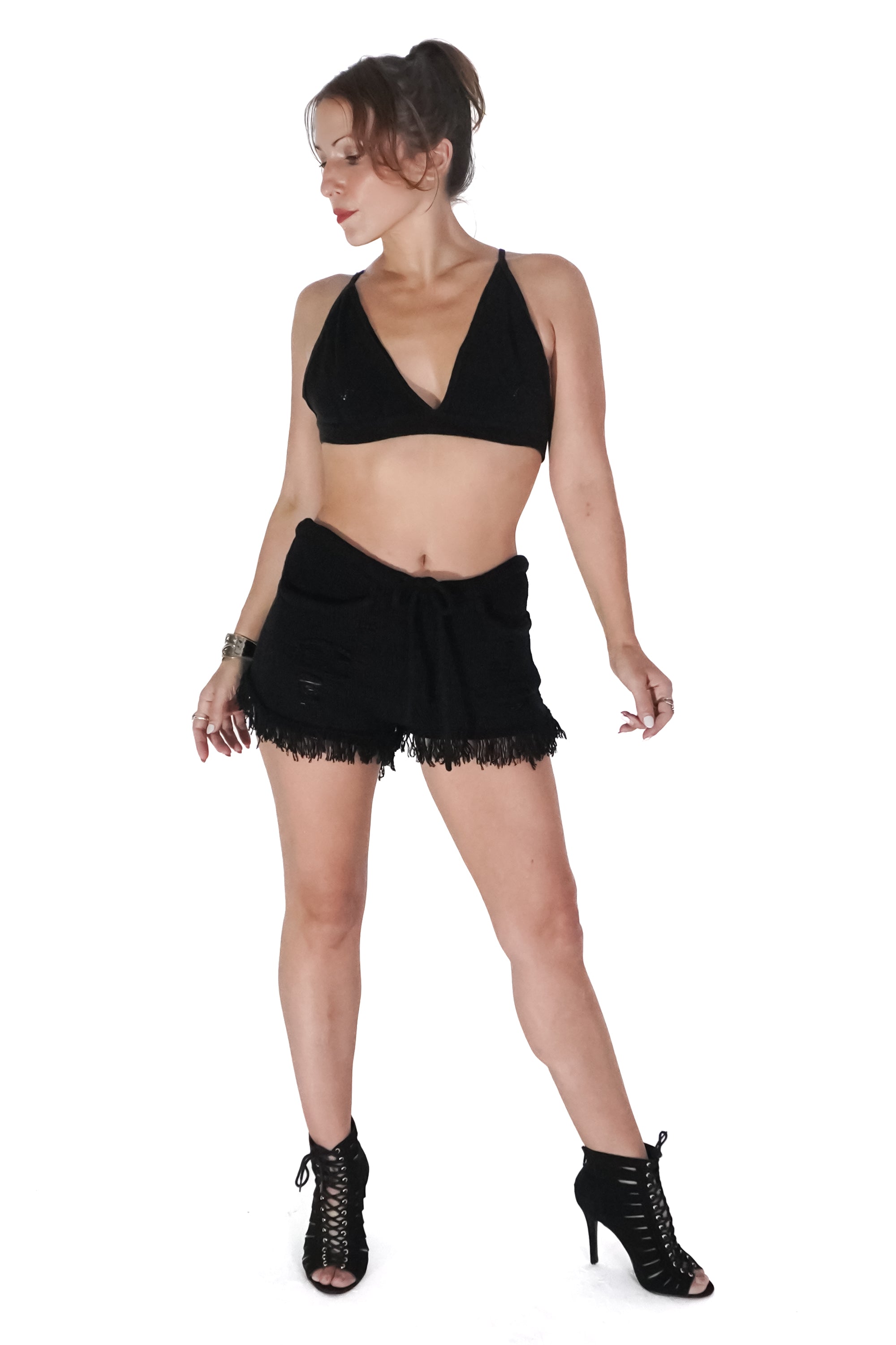 Calle Cut Off Fringe Shorts in Black