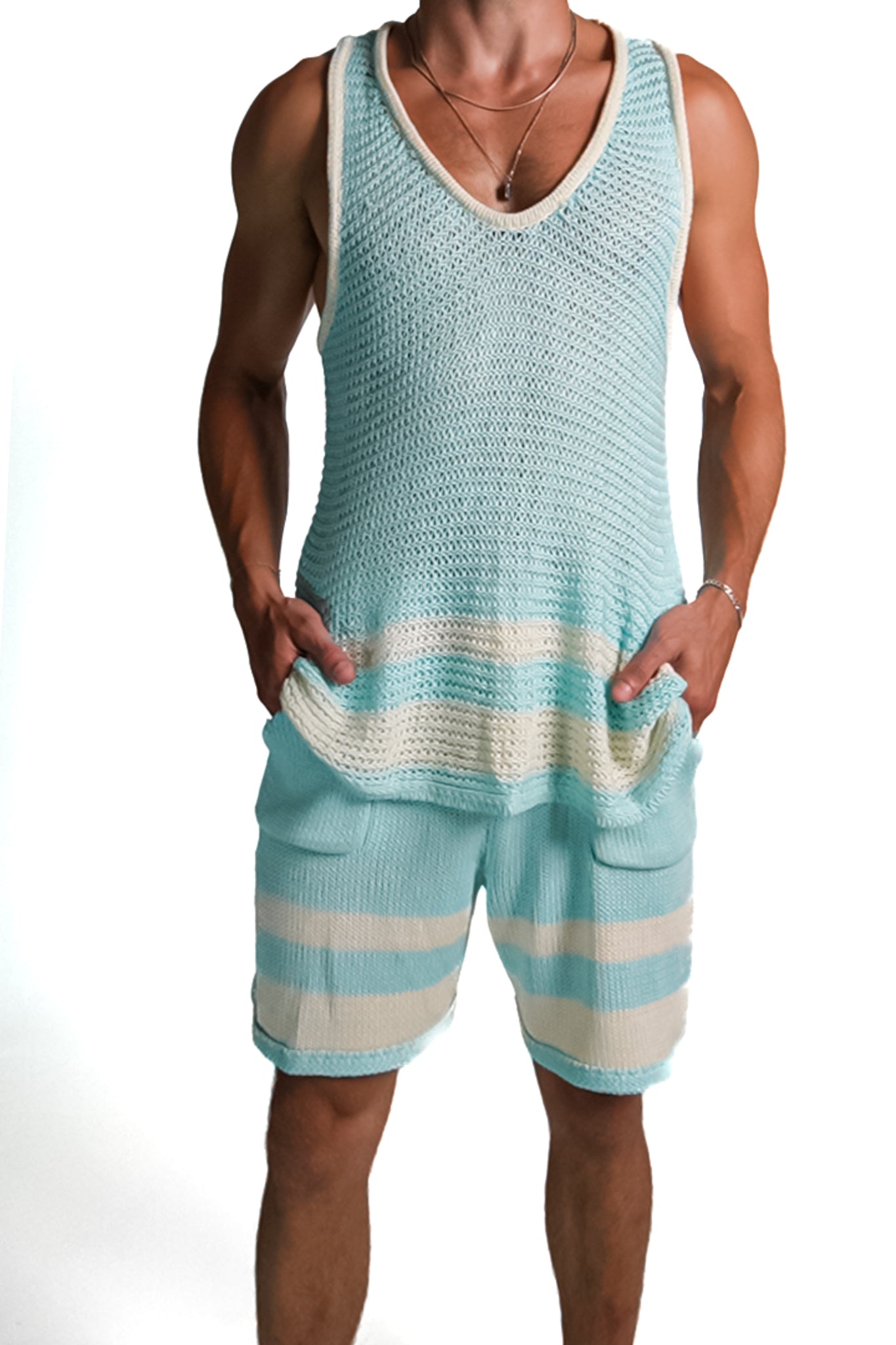 Boone Chain Mail Tank Top in Cream and Acqua